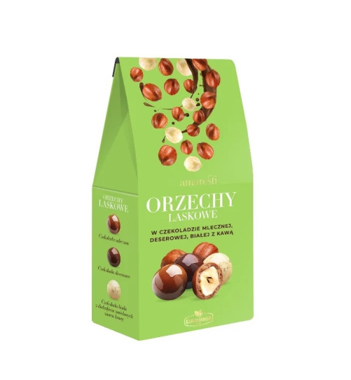 Orzechy laskowe Amaresti w czekoladzie mlecznej, deserowej i białej z kawą, 80g