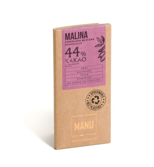 Czekolada mleczna 44% Manufaktura czekolady Manu - Malina, 60g
